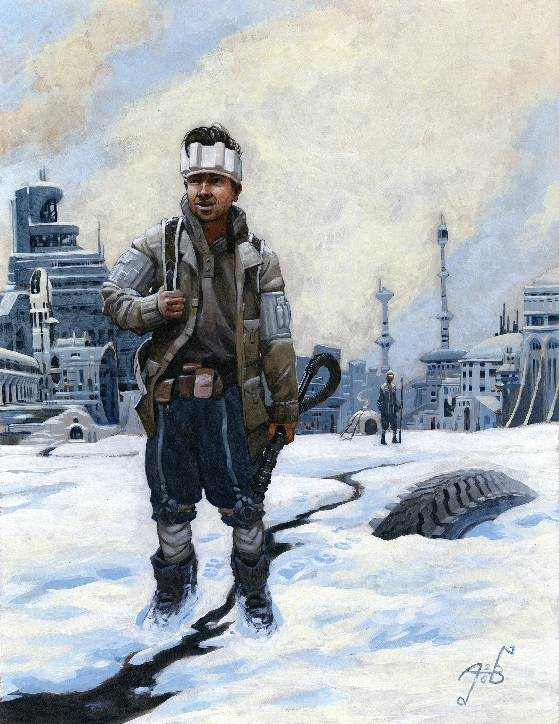 A sci-fi city with a futuristic technician standing in the foreground holding a metallic tool.
